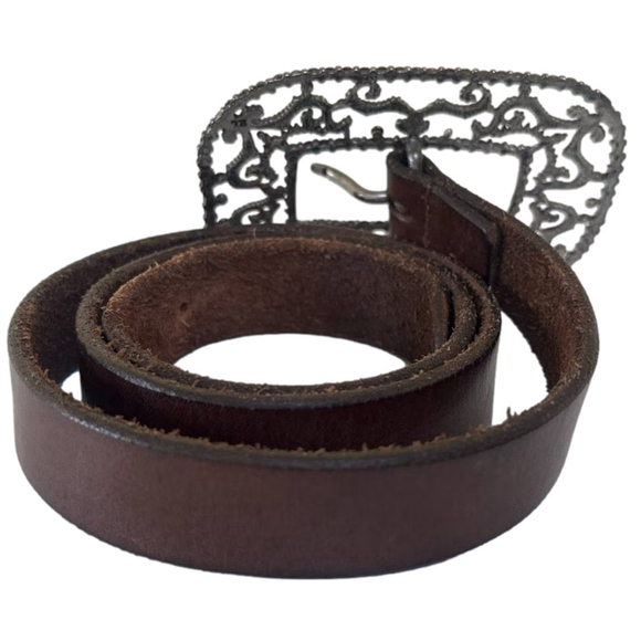 Vintage Ralph Lauren Leather Belt Brown Filigree Silver Buckle S fits 28.5-32.5” - Picture 4 of 9